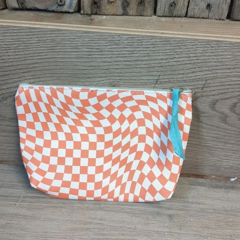 Good Vibes Orange & White Checkered Cosmetic Bag